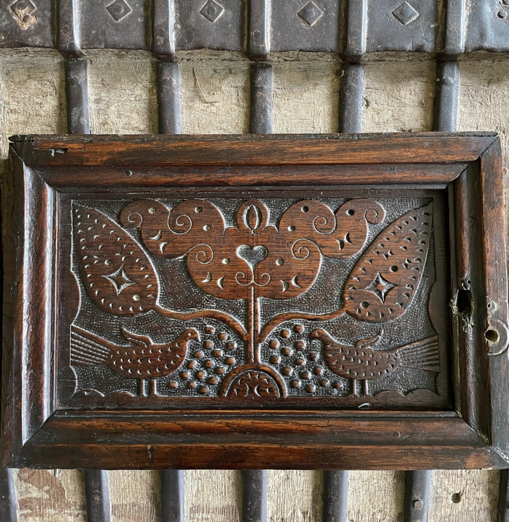 17th Century Carved Oak Love Birds  Panel with Tree of Life 