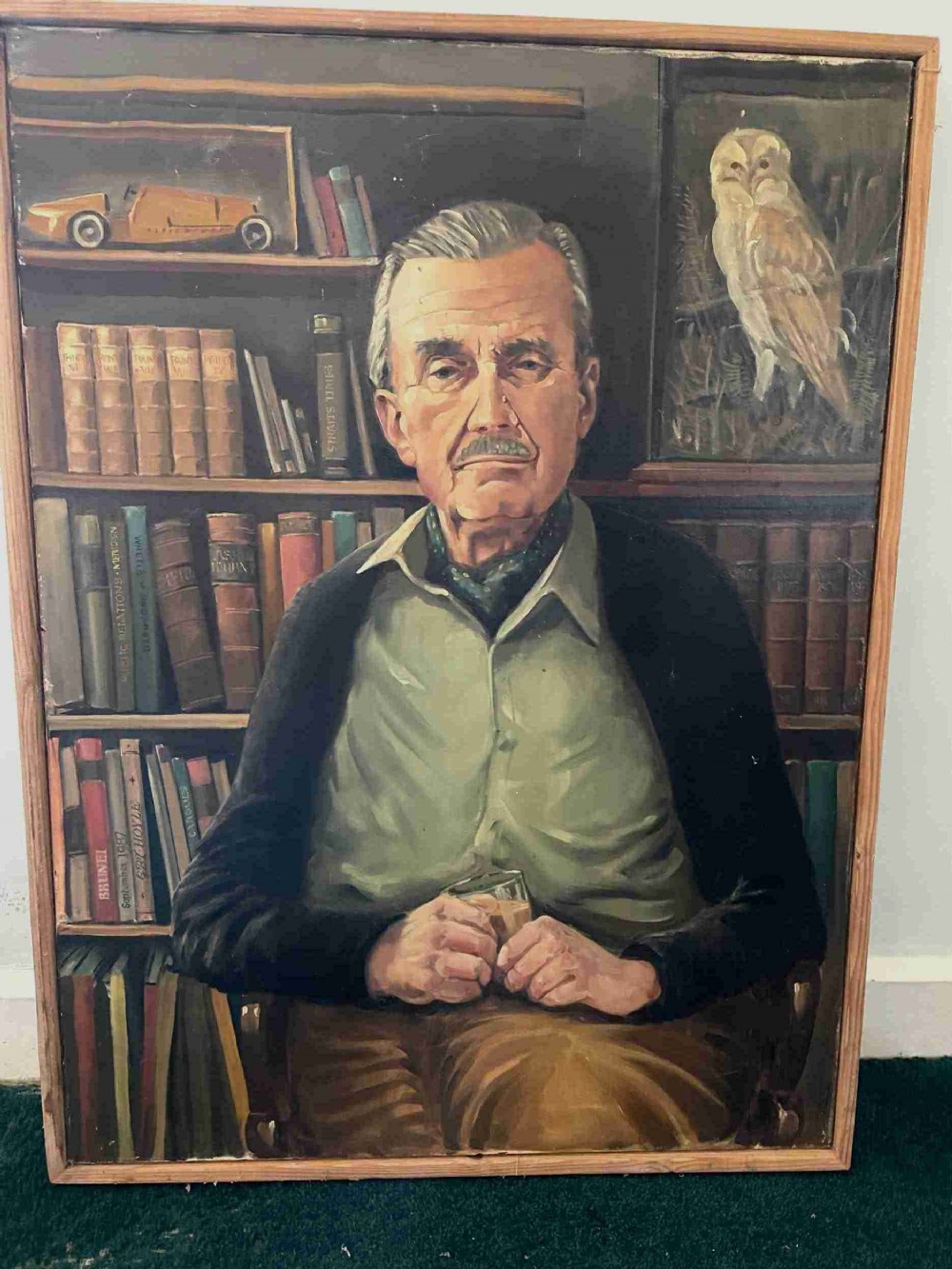 1950's Oil Painting Self Portrait in a Book Library