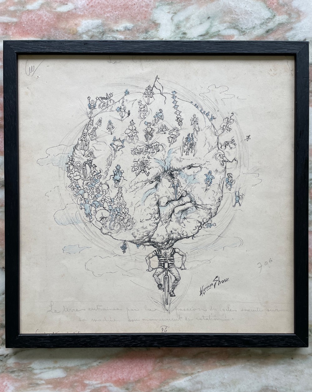 Wymsical Antique Pen and Ink Drawing  Moon Head Cyclists Algernon Shaw