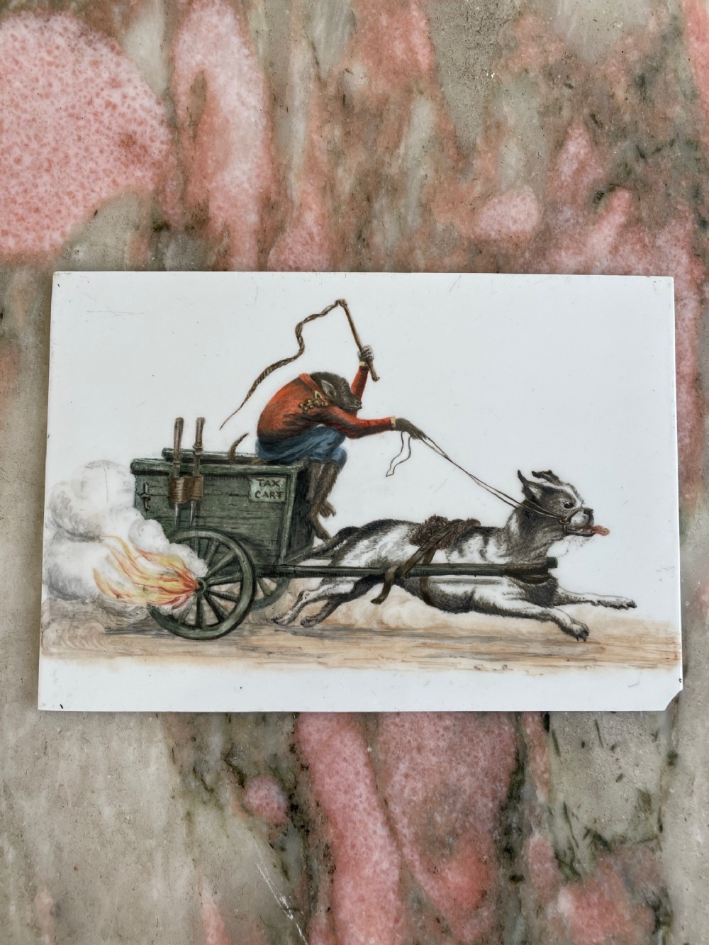 19th Century Painted Whimsical Dog and Monkey Tile dated 1887 CEW