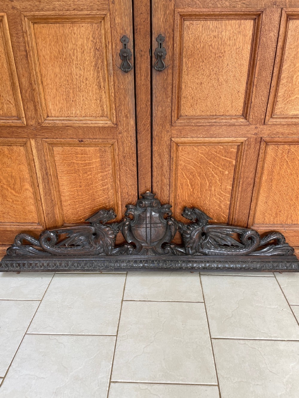 19th Century Carved Oak Overmantel Griffins and Armorial