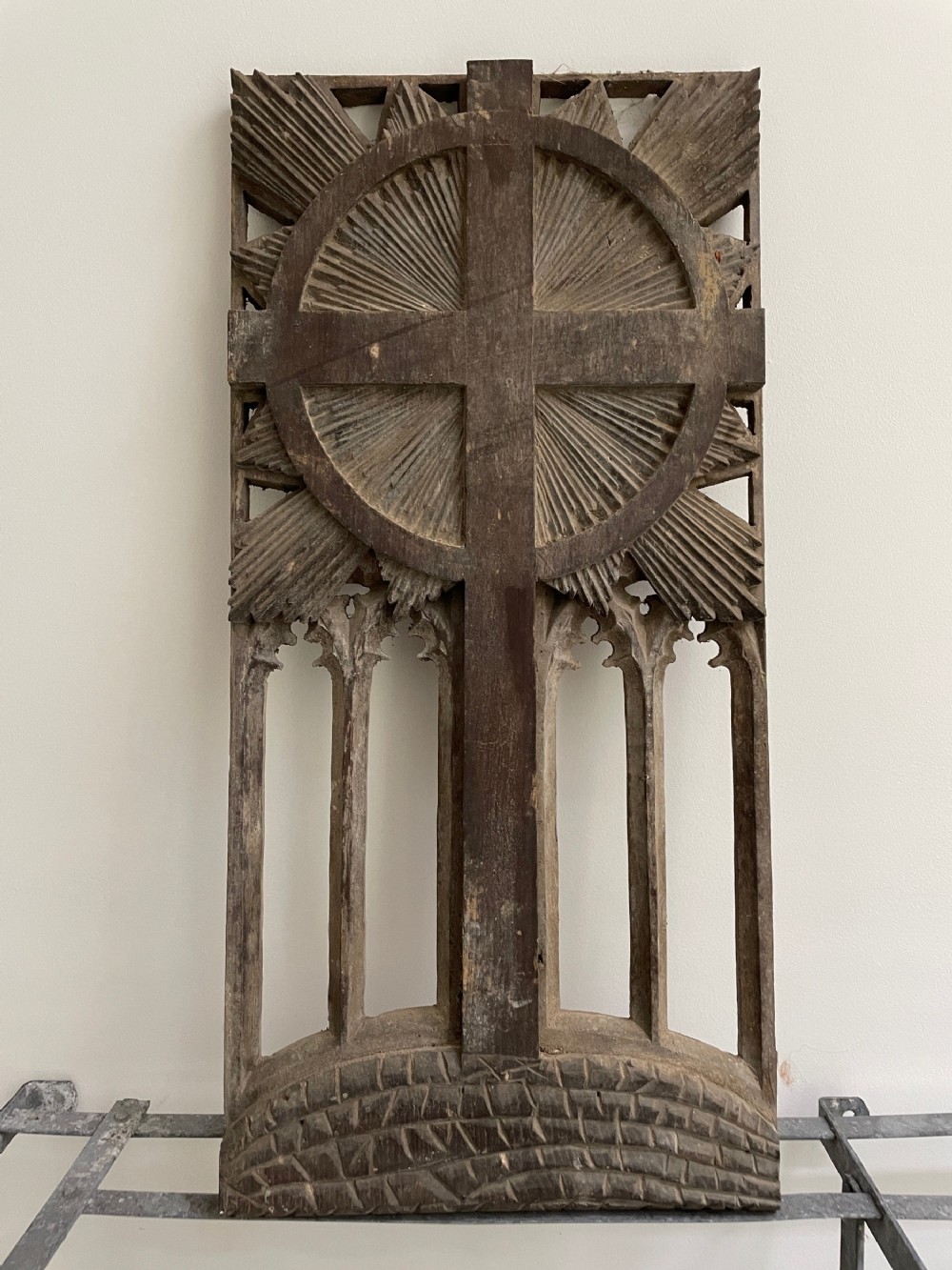 19th Century Gothic Sunburst Cross Carved Oak Pierced Panel