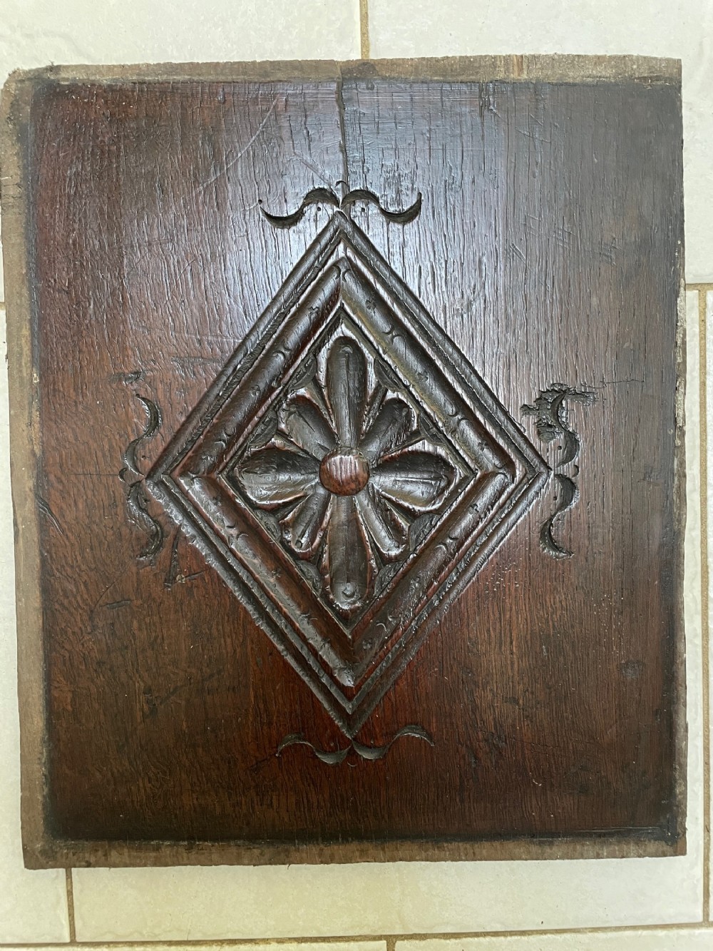 17th Century Carved Oak Diamond Daisy Panel. 