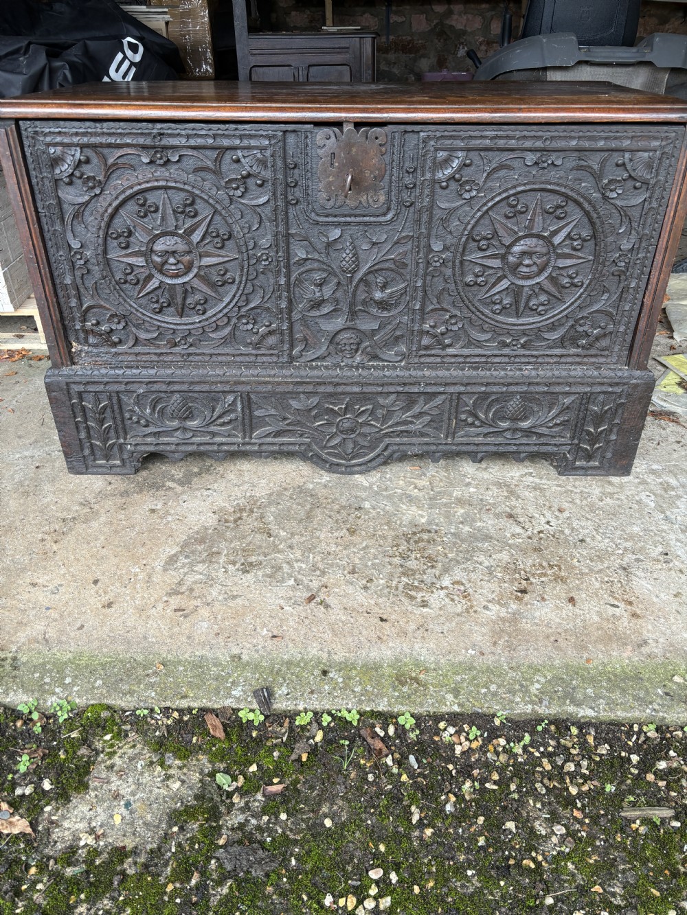 17th Century Carved Oak Sun in Splendour Panels Cabinet 