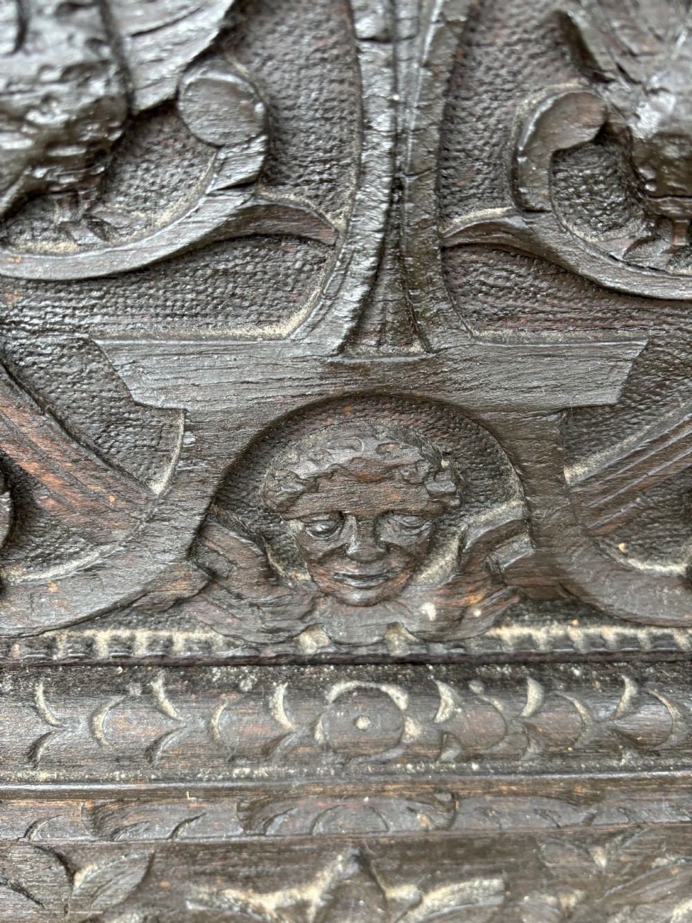 17th Century Carved Oak Sun in Splendour Panels Cabinet  View IV