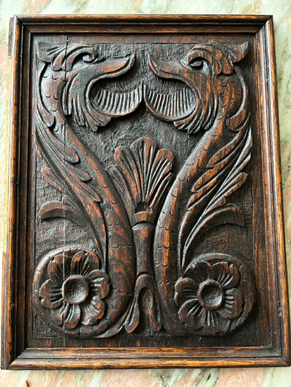 19th Century Carved Oak Mythical Beast Panel
