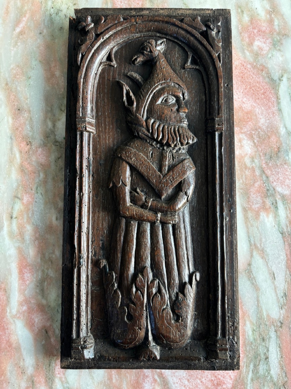 15th Century Carved Oak Whimsical Panel THE FOOL