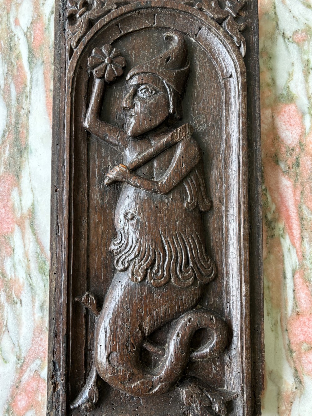 15th Century Carved Oak Whimsical Panel of a Merman