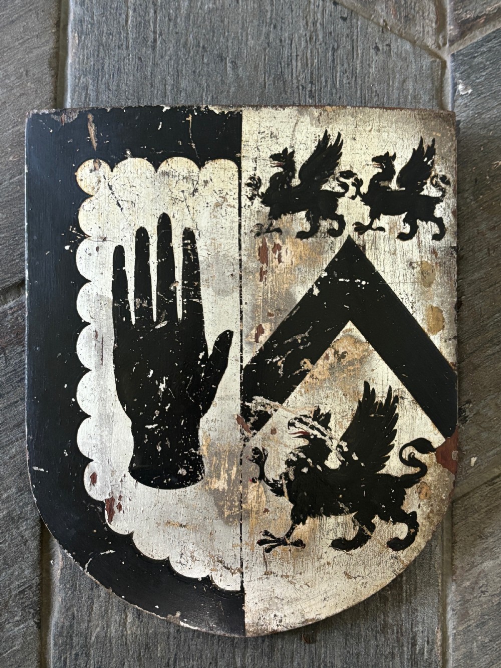 Unusual Mythical 19th Century Wooden Painted Coat Arms Panel