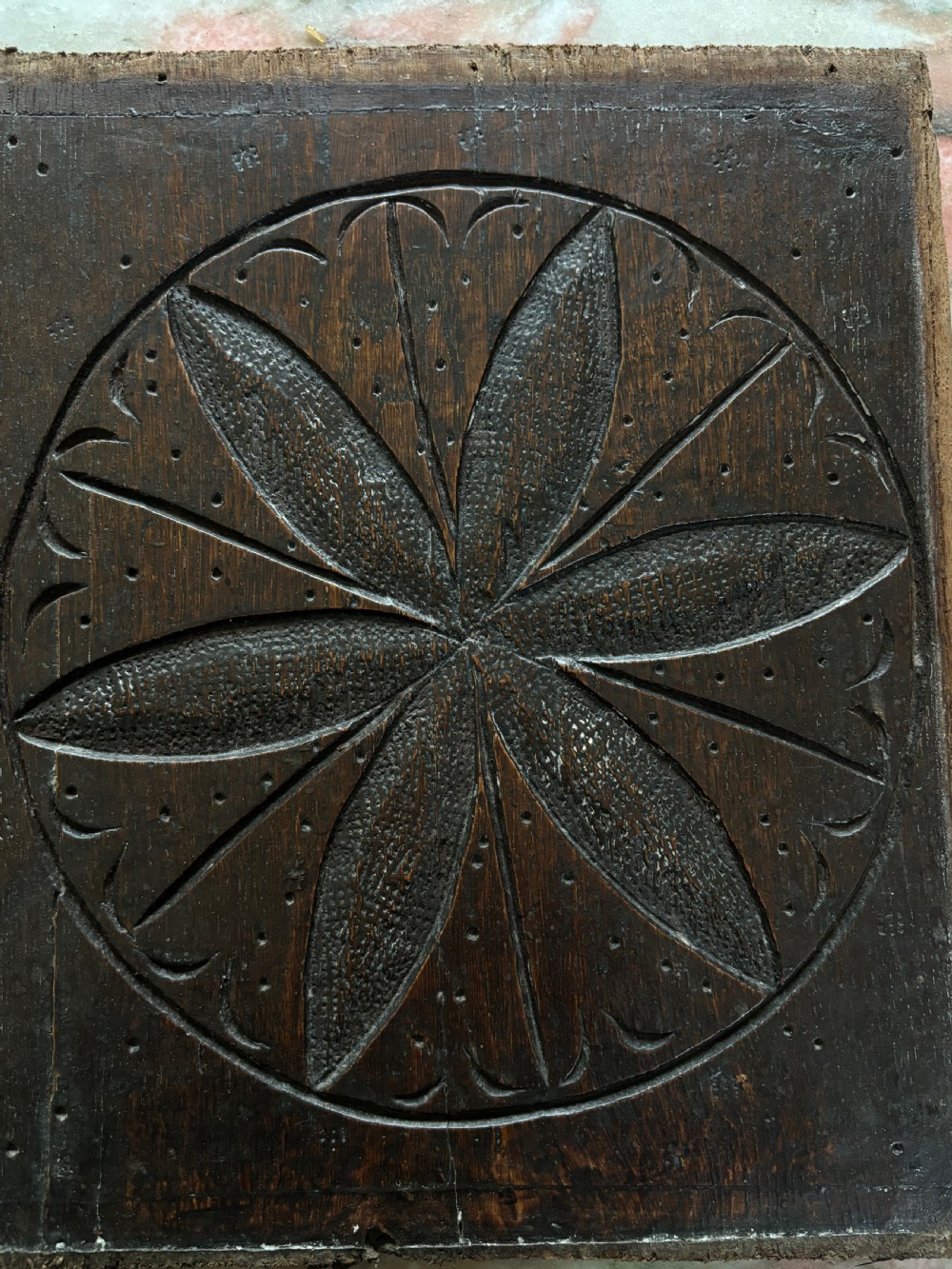 Rare 18th Century Witches Mark Carved Oak Panel