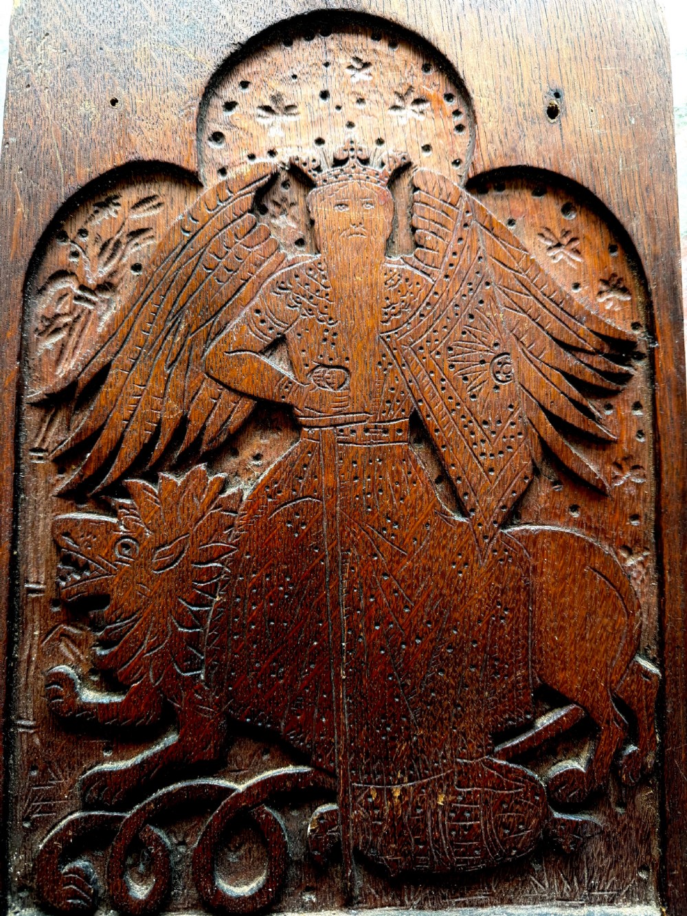Arts & Crafts Carved Oak Church Panel Saint Adrian and Lion