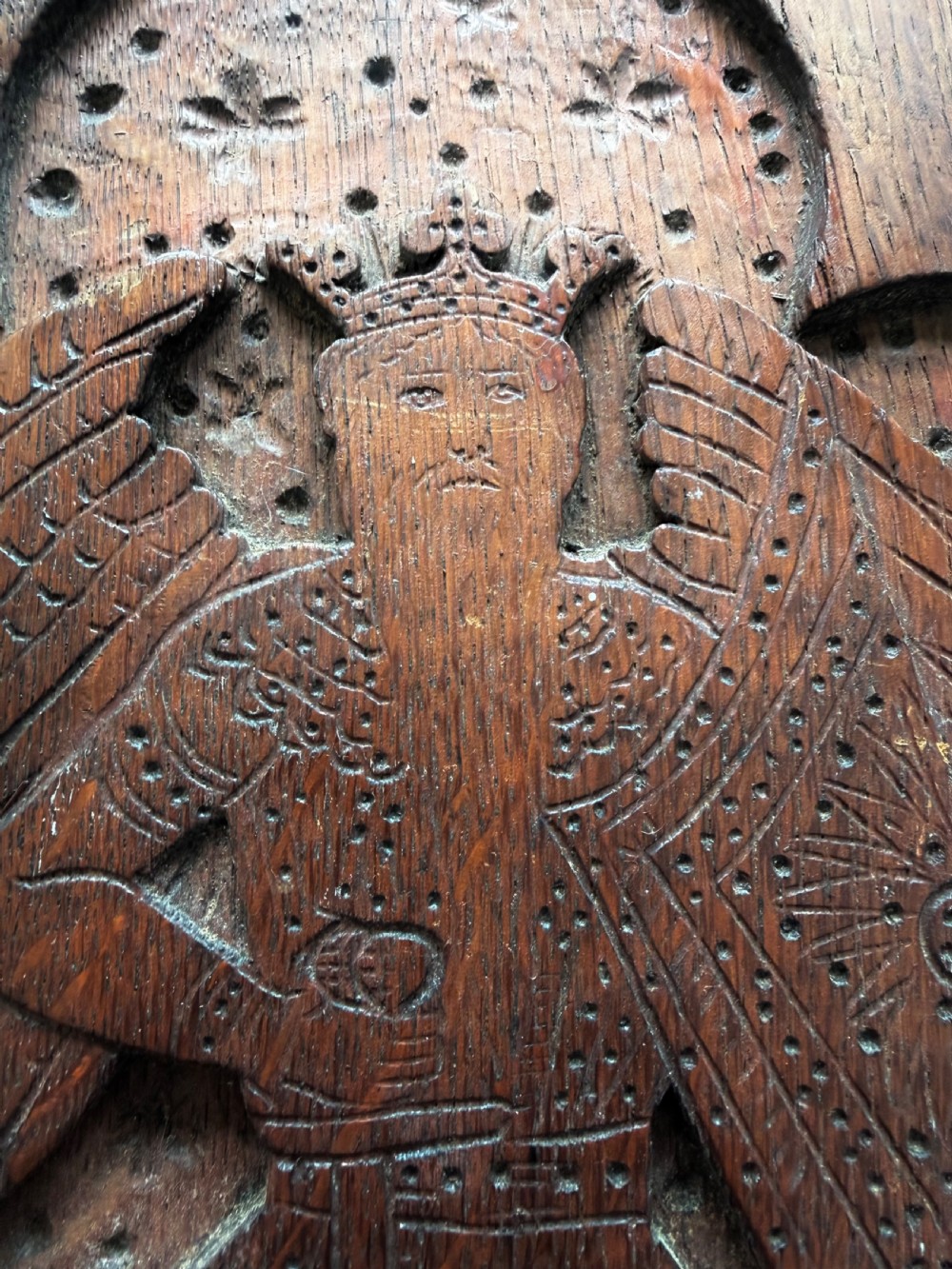 Arts & Crafts Carved Oak Church Panel Saint Adrian and Lion View II