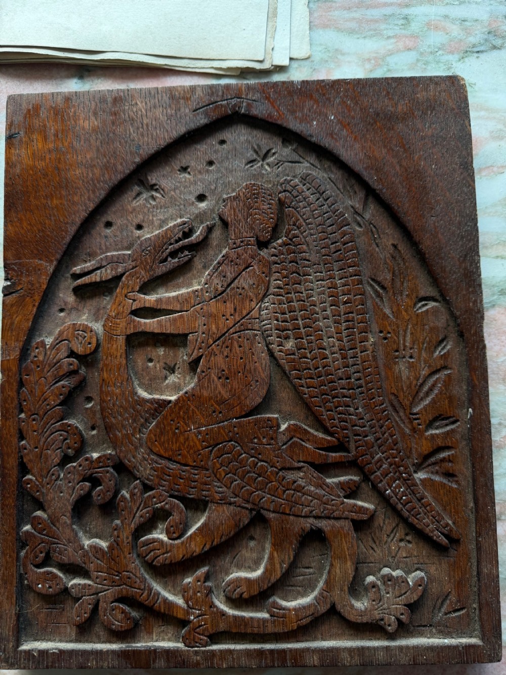 Arts & Crafts Carved Oak Church gothic Panel St Michael Dragon
