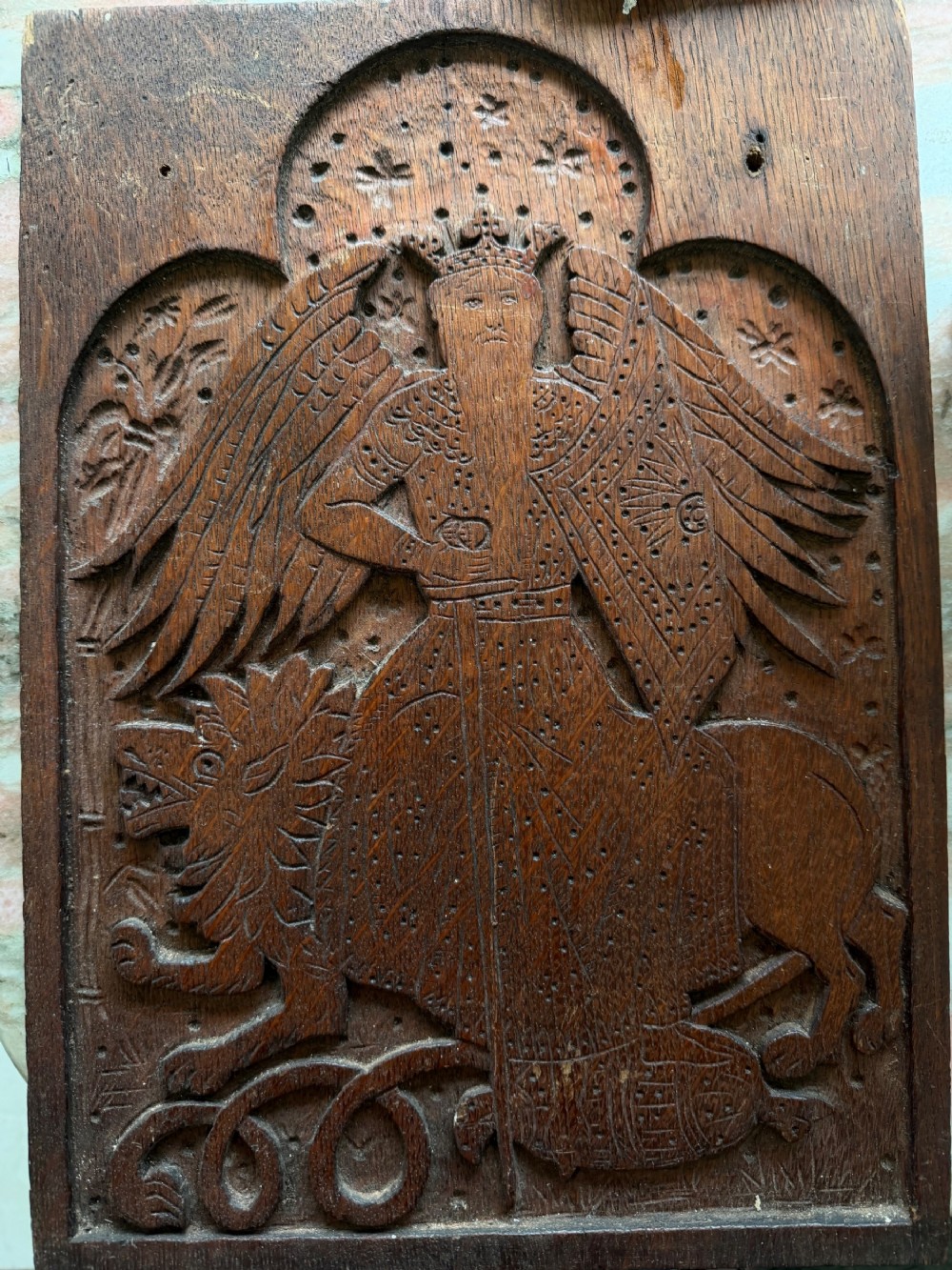 19th Century Carved Oak Gothic Church Pew Panel Saint Jerome Lion