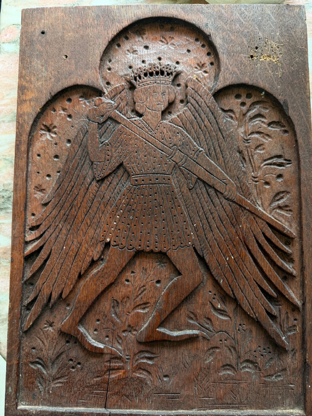 Arts Crafts Carved Oak Angel Panel from a Church Pew