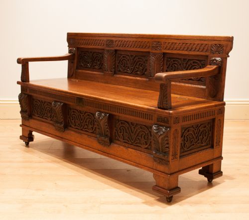 Unusual Carved Oak Box Seat