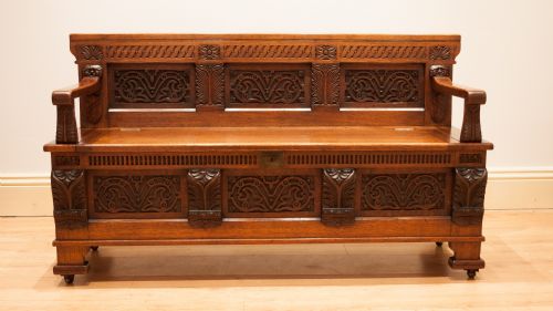 fig 1. Unusual Carved Oak Box Seat