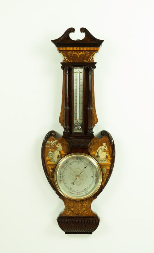 an unusual late victorian rosewood and inlaid aneroid barometer - CATEGORY: ANTIQUE BAROMETERS - DATED 1890