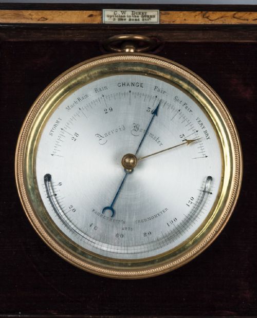 fig 1. Charles Wastell Dixey & Son - London. Excellent quality brass-cased aneroid barometer in birdseye maple display case, c.1890.