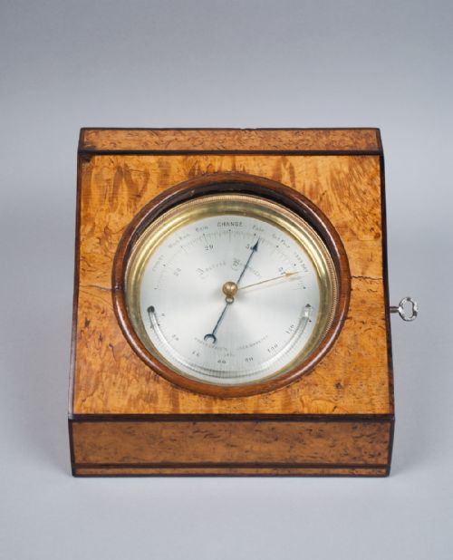 fig 2. Charles Wastell Dixey & Son - London. Excellent quality brass-cased aneroid barometer in birdseye maple display case, c.1890.