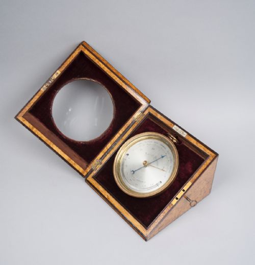 fig 3. Charles Wastell Dixey & Son - London. Excellent quality brass-cased aneroid barometer in birdseye maple display case, c.1890.