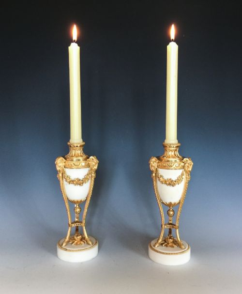 Antique Pair of Gilt Bronze & Marble French Candlesticks / Cassolettes