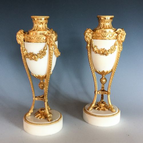 fig 1. Antique Pair of Gilt Bronze & Marble French Candlesticks / Cassolettes