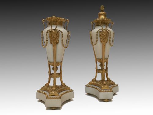 Antique Napoleon III Gilt Bronze & Marble Cassolettes / Candlesticks
