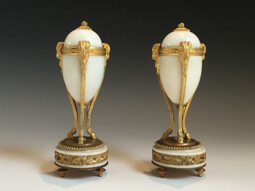 Antique Pair of French Ormolu & Marble Candlesticks / Cassolettes