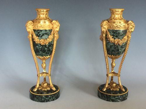 Antique Gilt Bronze & Vert Maurin Marble Candlesticks / Cassolettes C.1870