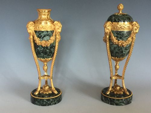 fig 1. Antique Gilt Bronze & Vert Maurin Marble Candlesticks / Cassolettes c.1870