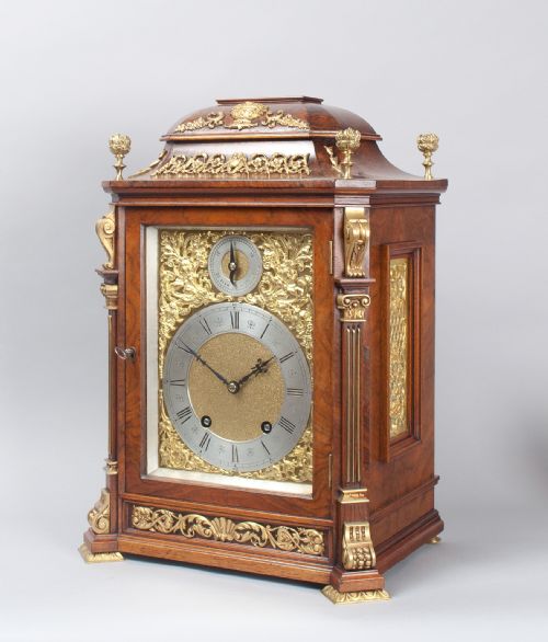 fig 1. A Burr Walnut Bracket / Mantel Clock By Lenzkirch, Circa 1904.