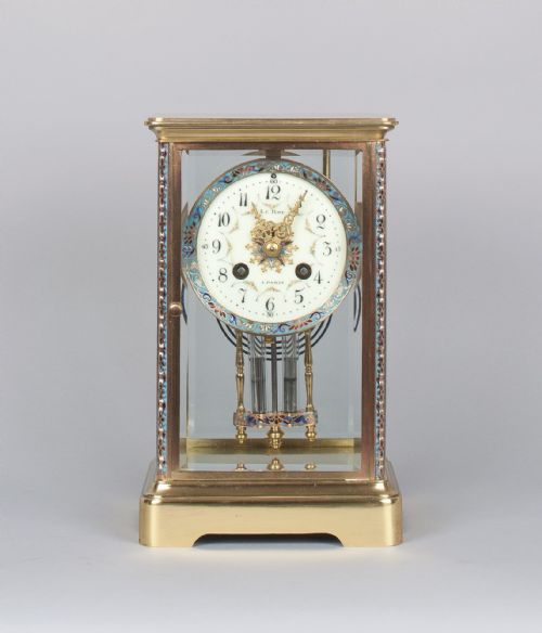 A Champleve and Brass French Four Glass Mantel Clock, Leroy Paris C.1890