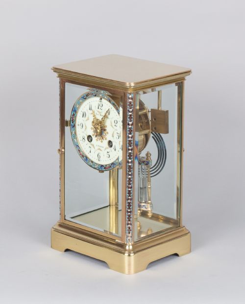 fig 1. A Champleve and Brass French Four Glass Mantel Clock, Leroy Paris c.1890