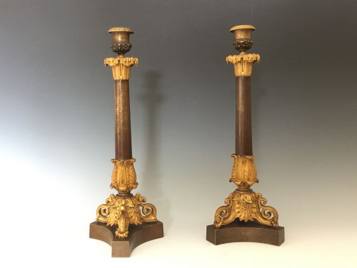 A Fine Pair of William IV Patinated & Gilt Bronze Candlesticks