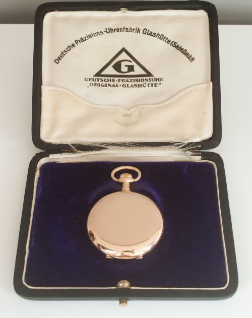 Glashutte Original. A Fine Quality 14k Gold Hunter Case Lever Pocket Watch.