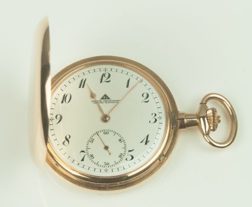 fig 1. GLASHUTTE ORIGINAL. A FINE QUALITY 14K GOLD HUNTER CASE LEVER POCKET WATCH.