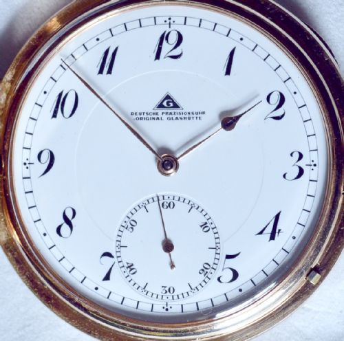 fig 4. GLASHUTTE ORIGINAL. A FINE QUALITY 14K GOLD HUNTER CASE LEVER POCKET WATCH.