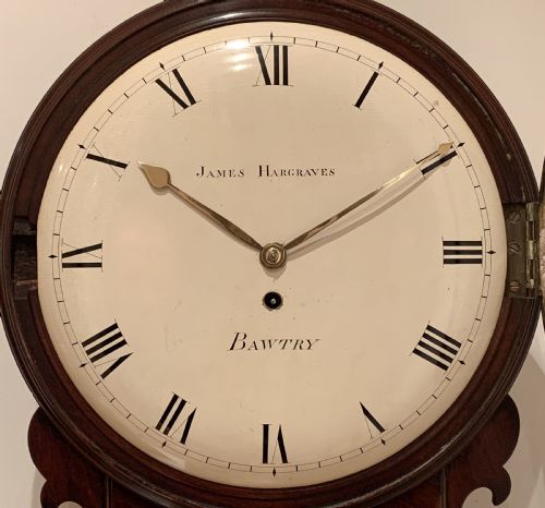 fig 6. A fine quality 8 day English fusee timepiece trunk dial wall clock by James Hargraves of Bawtry circa 1820
