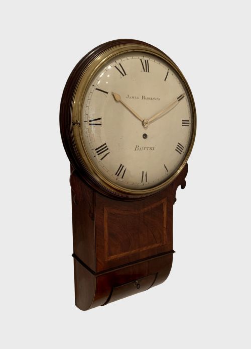 fig 8. A fine quality 8 day English fusee timepiece trunk dial wall clock by James Hargraves of Bawtry circa 1820