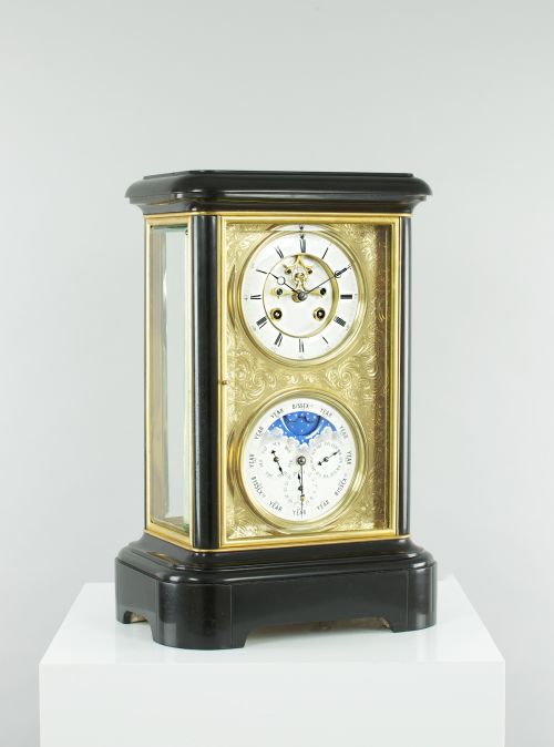 A Fine Quality 19th French Four-glass Mantel Clock with Perpetual Calendar and Moonphase Indication.