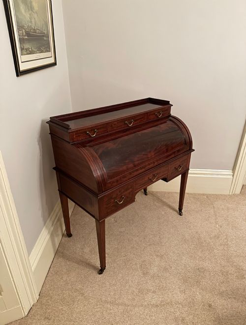 fig 2. Mahogany Inlaid Roll Top / Cylinder Desk By Maple And Co London C.1890.