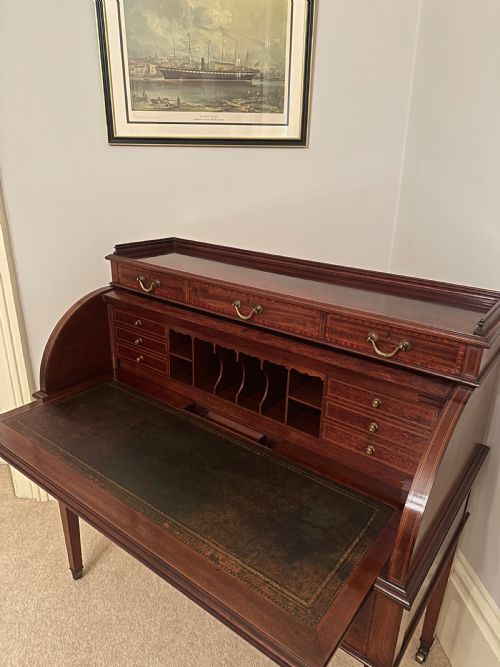fig 4. Mahogany Inlaid Roll Top / Cylinder Desk By Maple And Co London C.1890.