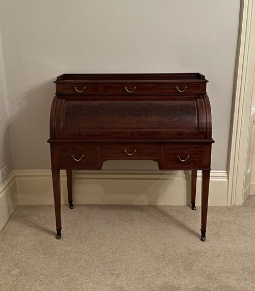 fig 6. Mahogany Inlaid Roll Top / Cylinder Desk By Maple And Co London C.1890.