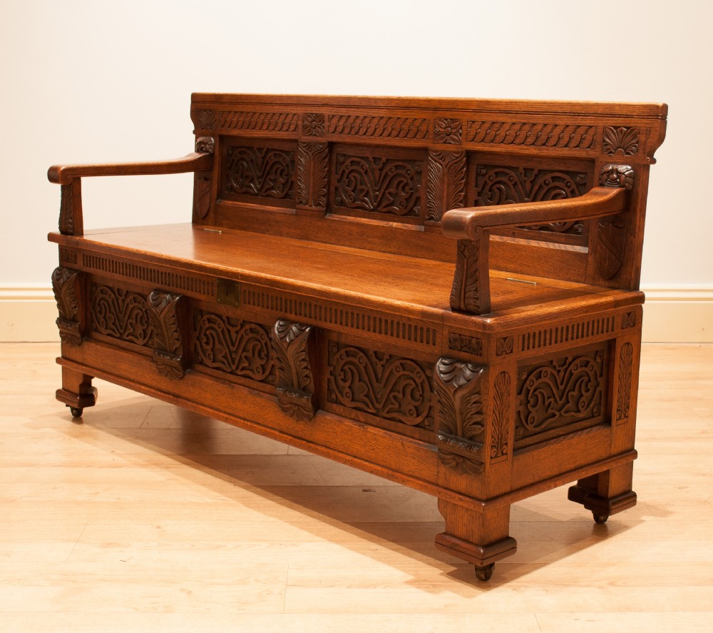 Unusual Carved Oak Box Seat 