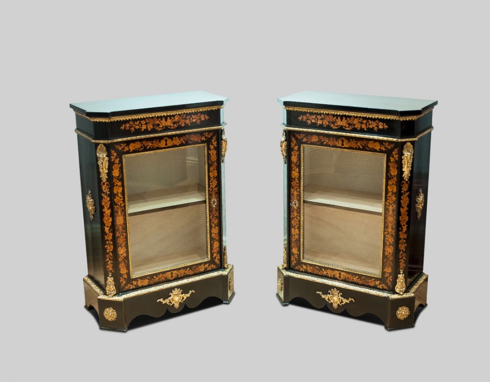 Matched pair of marquetry inlaid side cabinets / pier cabinets.