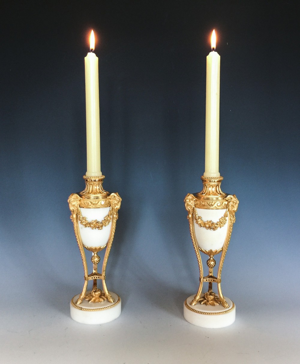 Antique Pair of Gilt Bronze & Marble French Candlesticks / Cassolettes