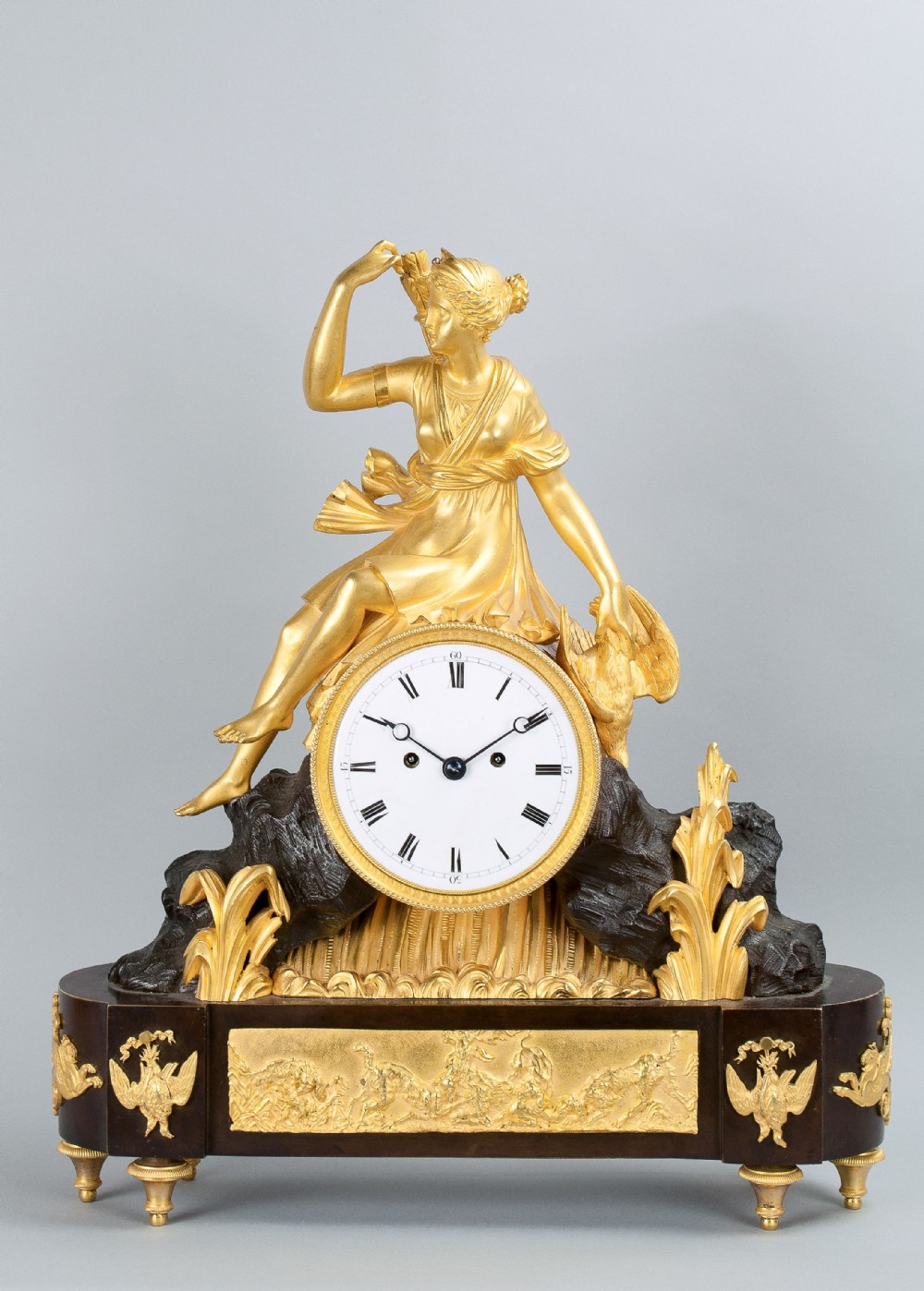 Twin fusee bronze and ormolu mounted mantel clock by F Baetens, London.