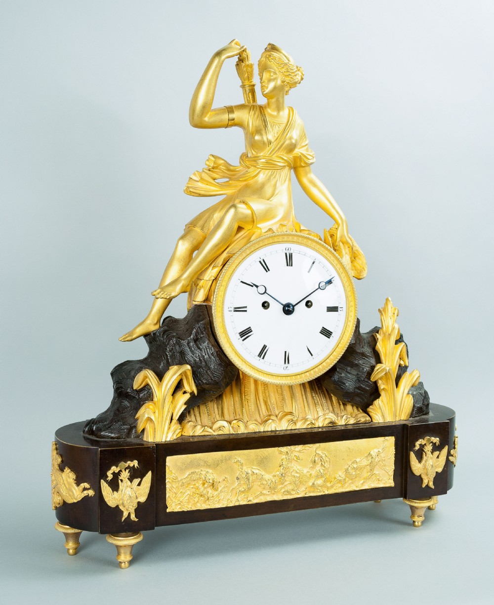 Twin fusee bronze and ormolu mounted mantel clock by F Baetens, London. View IV
