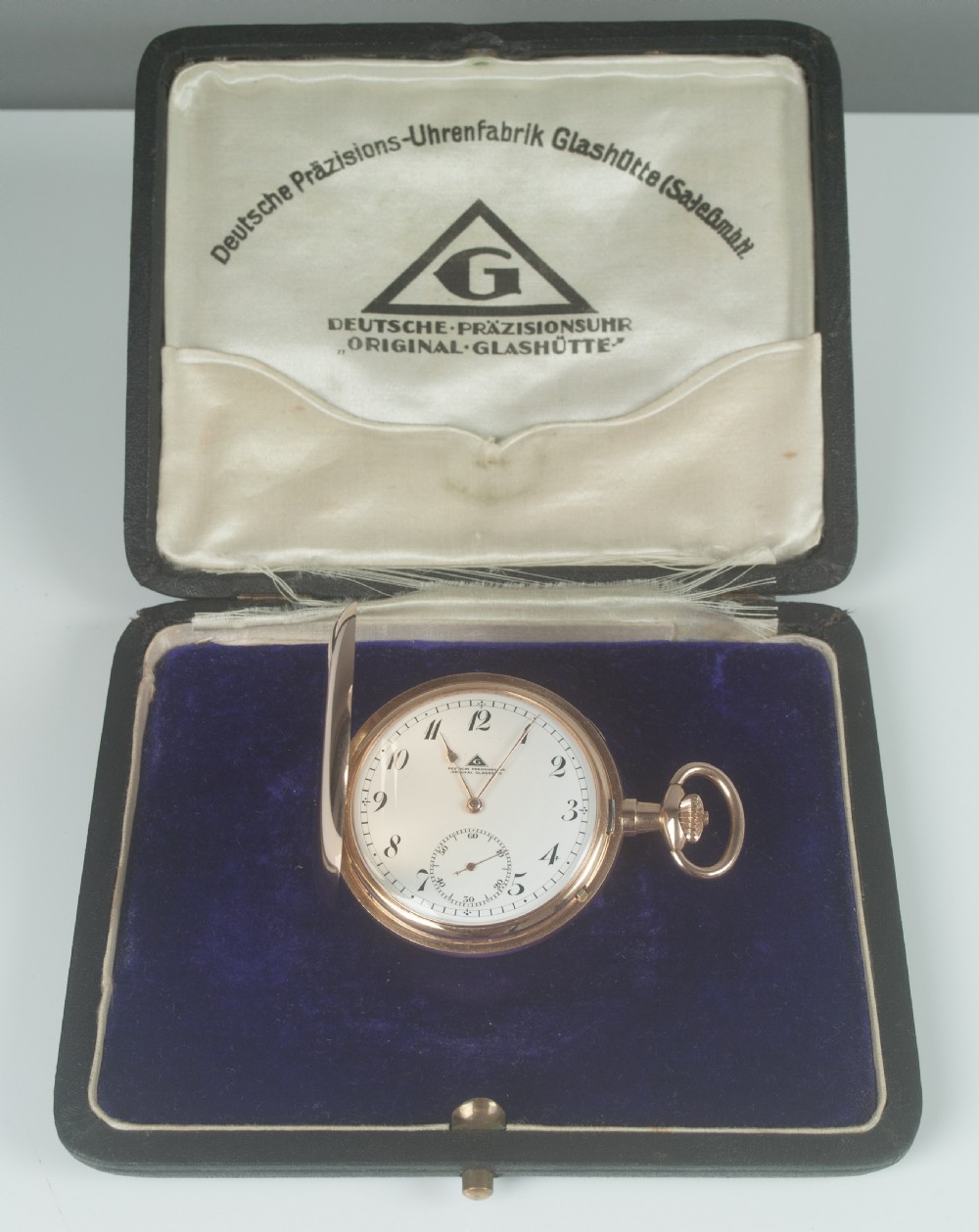 GLASHUTTE ORIGINAL. A FINE QUALITY 14K GOLD HUNTER CASE LEVER POCKET WATCH. View VII
